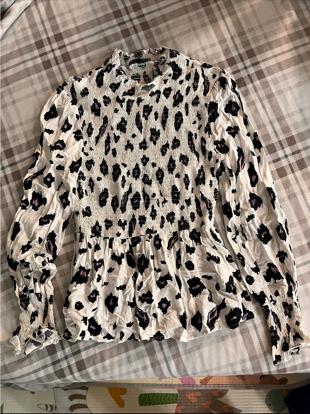 Women's Smocked Long-Sleeve Leopard Peplum Top - White/Black with Pink Accents